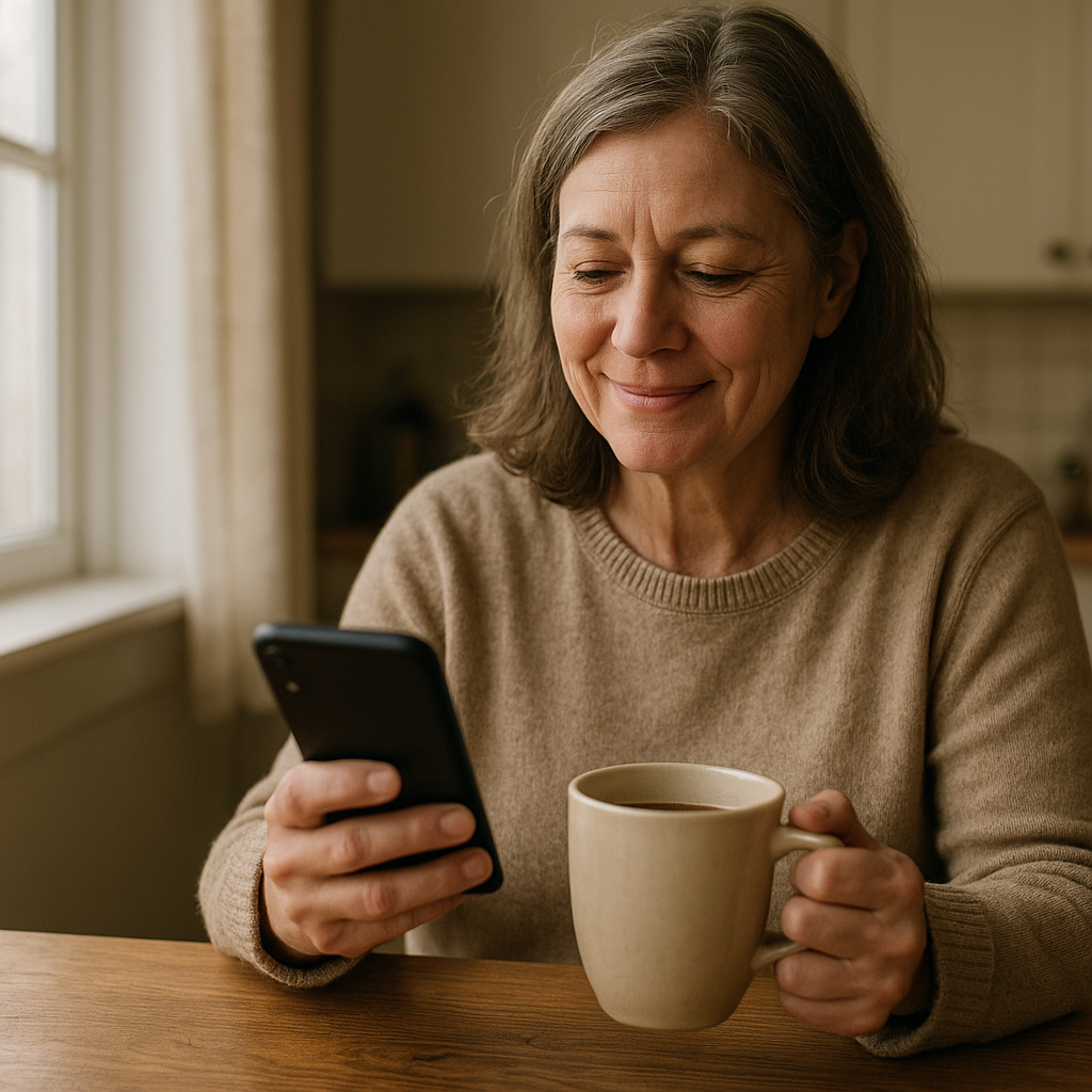 how to reconnect with old friends — a woman smiles softly while reading a message from an old friend