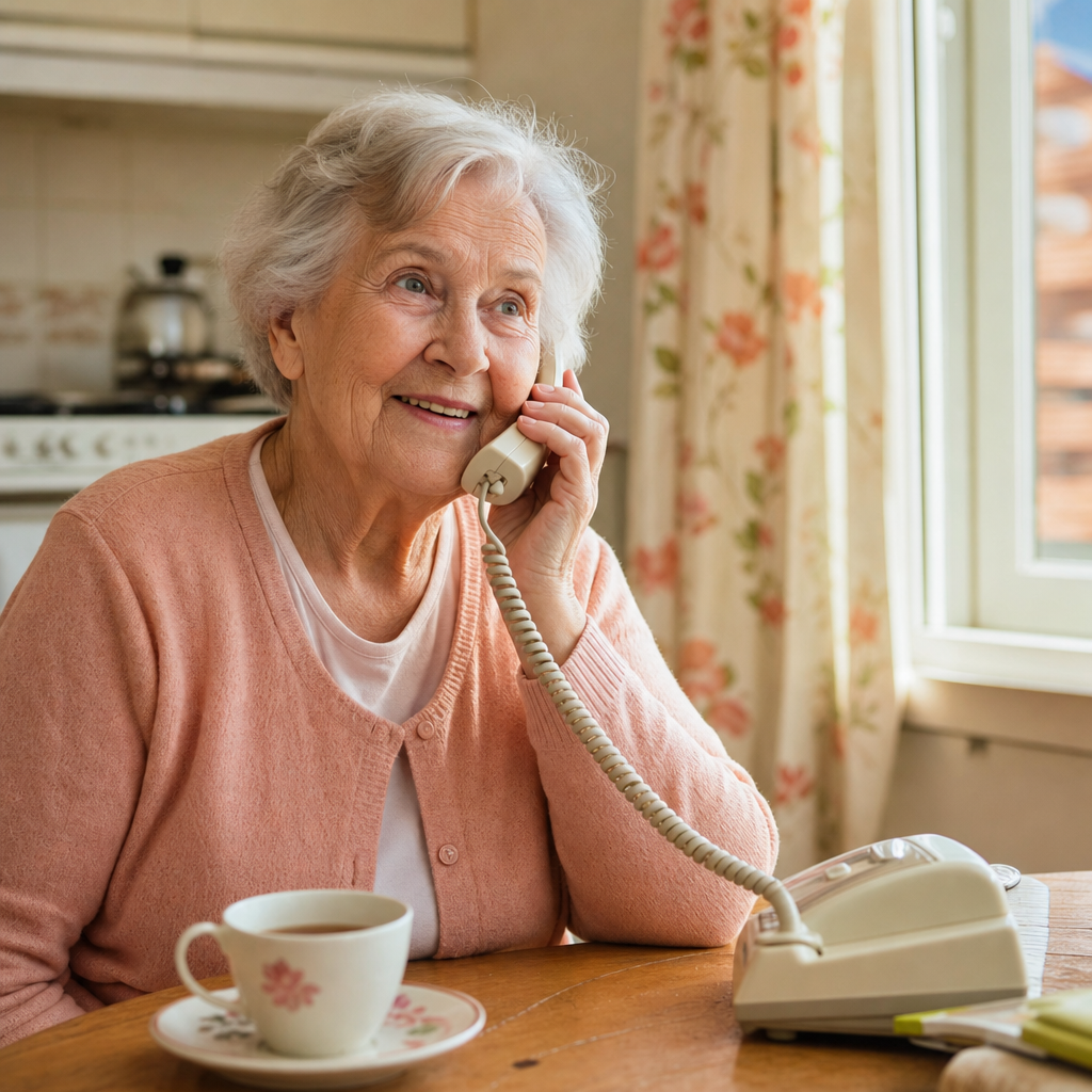 what happens when you call a loneliness line — a senior woman smiling gently on a landline call at her kitchen table