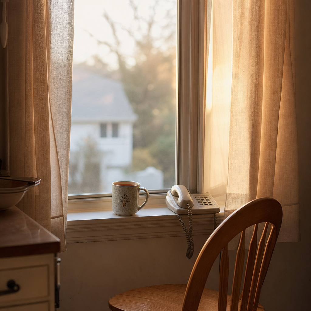 what happens when you call a loneliness line — an empty chair at a kitchen window with a corded landline phone and a mug of tea on the windowsill in soft morning light