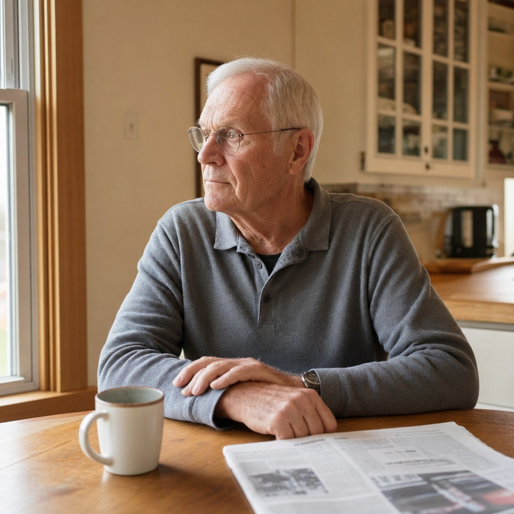 loneliness in retirement — a retired man sitting quietly at a kitchen table in soft morning light
