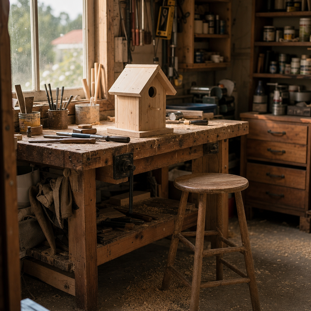 loneliness in retirement — an empty workshop bench with a half-finished project, no one working at it