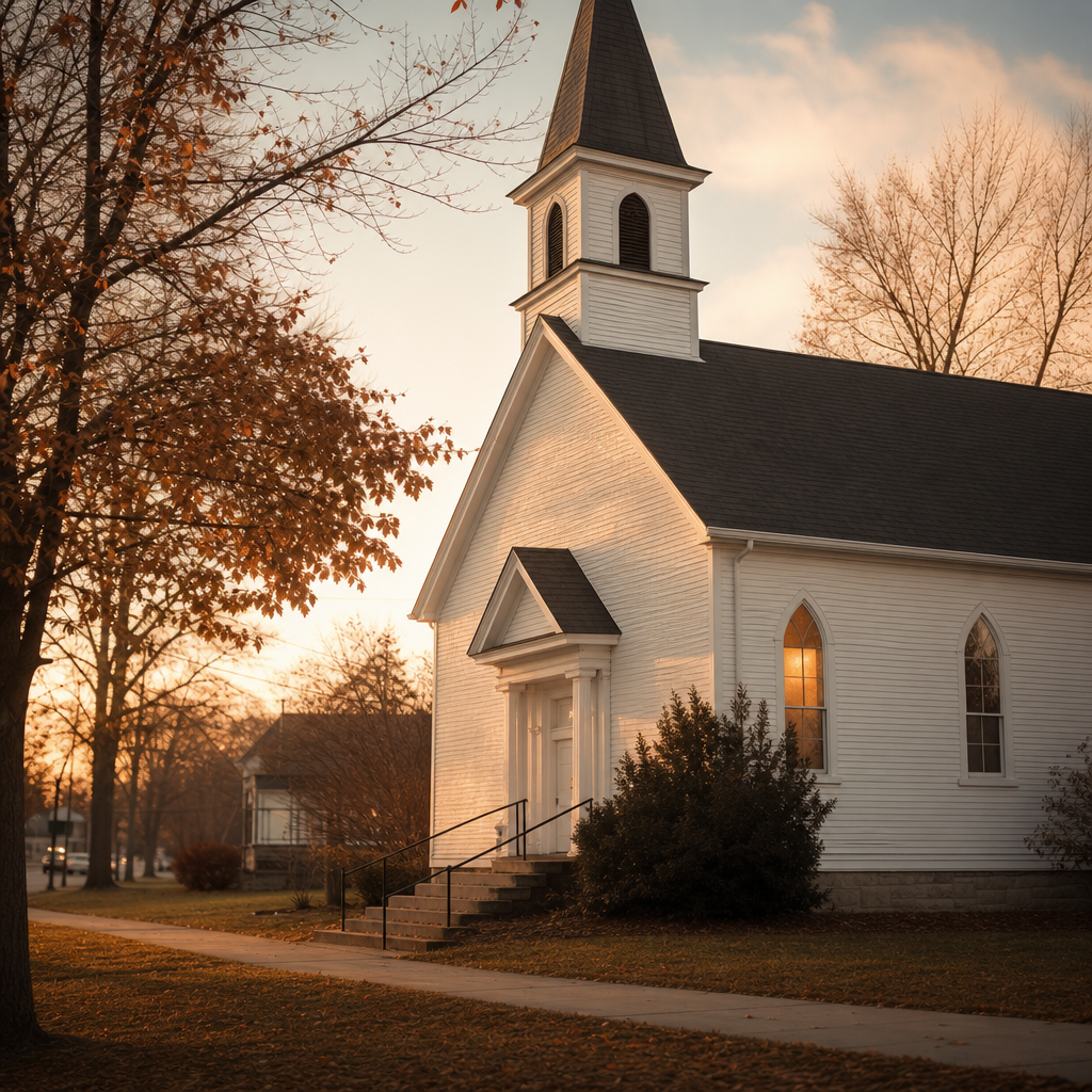 helping lonely church members — a small white wooden church at golden hour with a single warm lamp glowing inside
