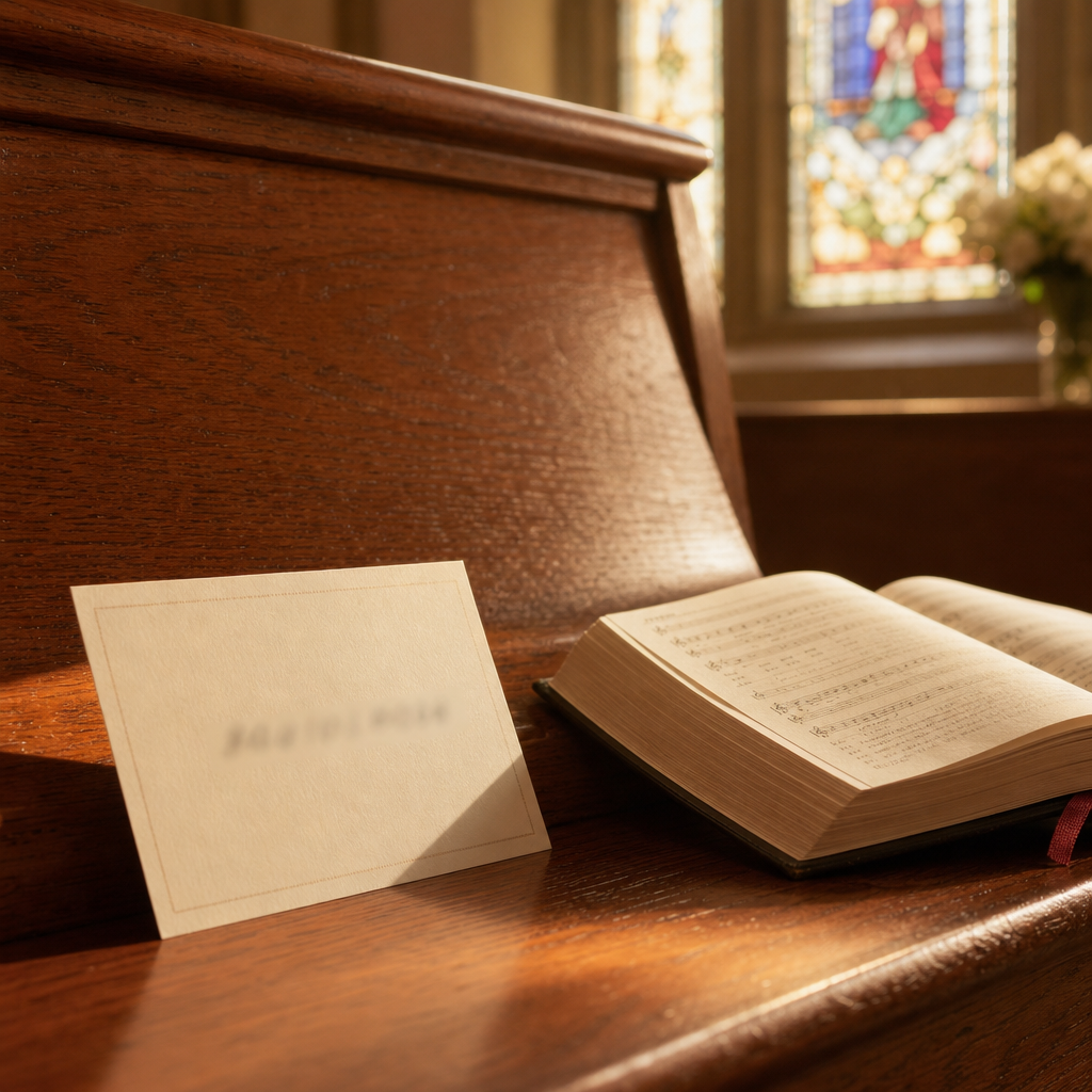 helping lonely church members — a simple referral card resting on a wooden church pew beside an open hymnal in warm afternoon light