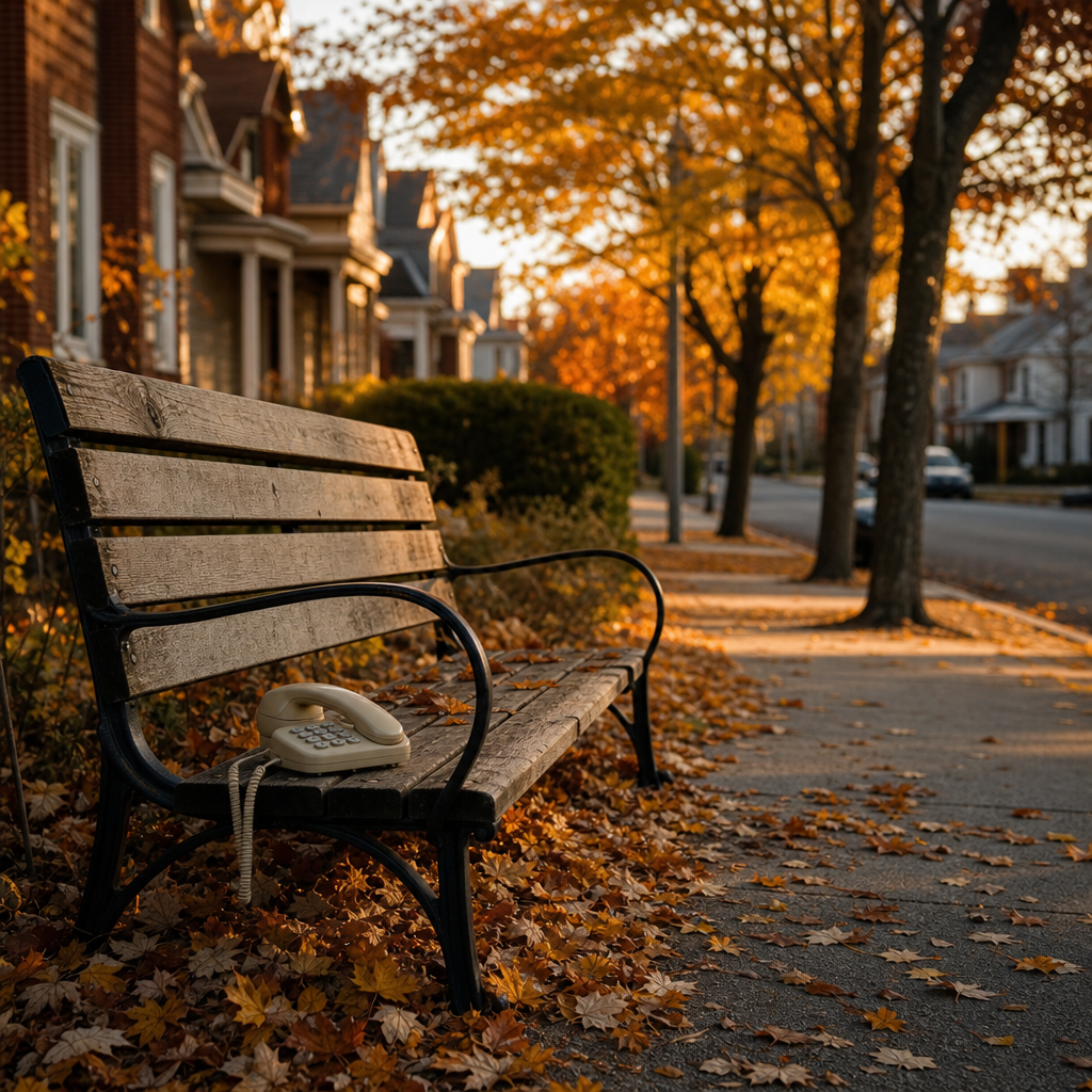 loneliness statistics by age — an empty wooden park bench at golden hour with a small landline phone resting on it