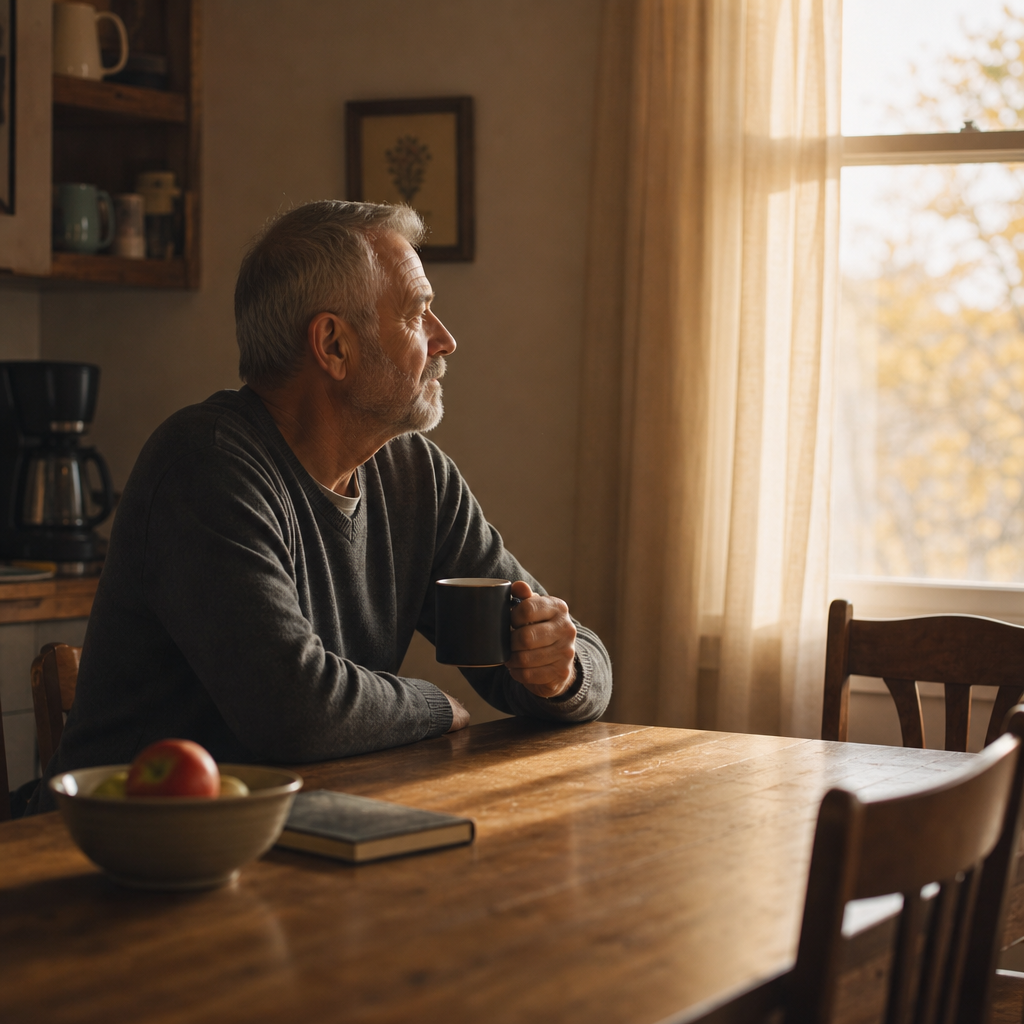 loneliness and dementia risk — an older man sitting alone at a kitchen table in soft morning light