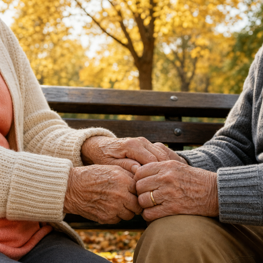 loneliness and dementia risk — older hands clasped together on a park bench, a quiet moment of companionship