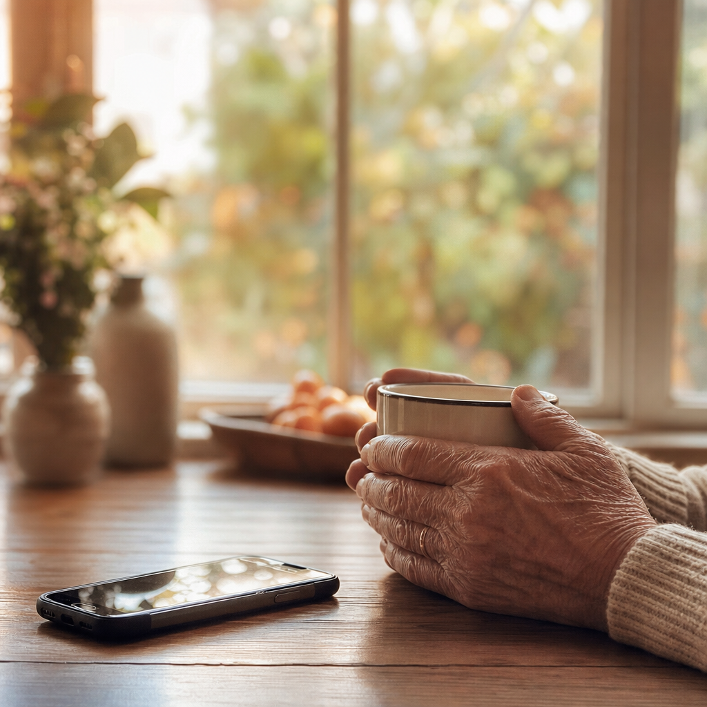 how to make friends after 60 — hands holding a warm mug beside a phone, taking the first small step