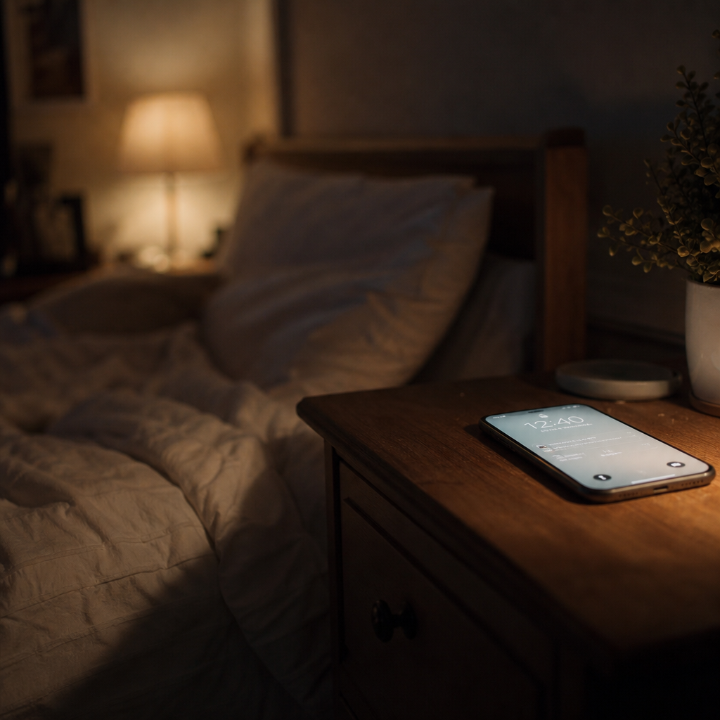 how to cope with loneliness at night — a phone glowing softly on a nightstand in a dark, quiet bedroom late at night