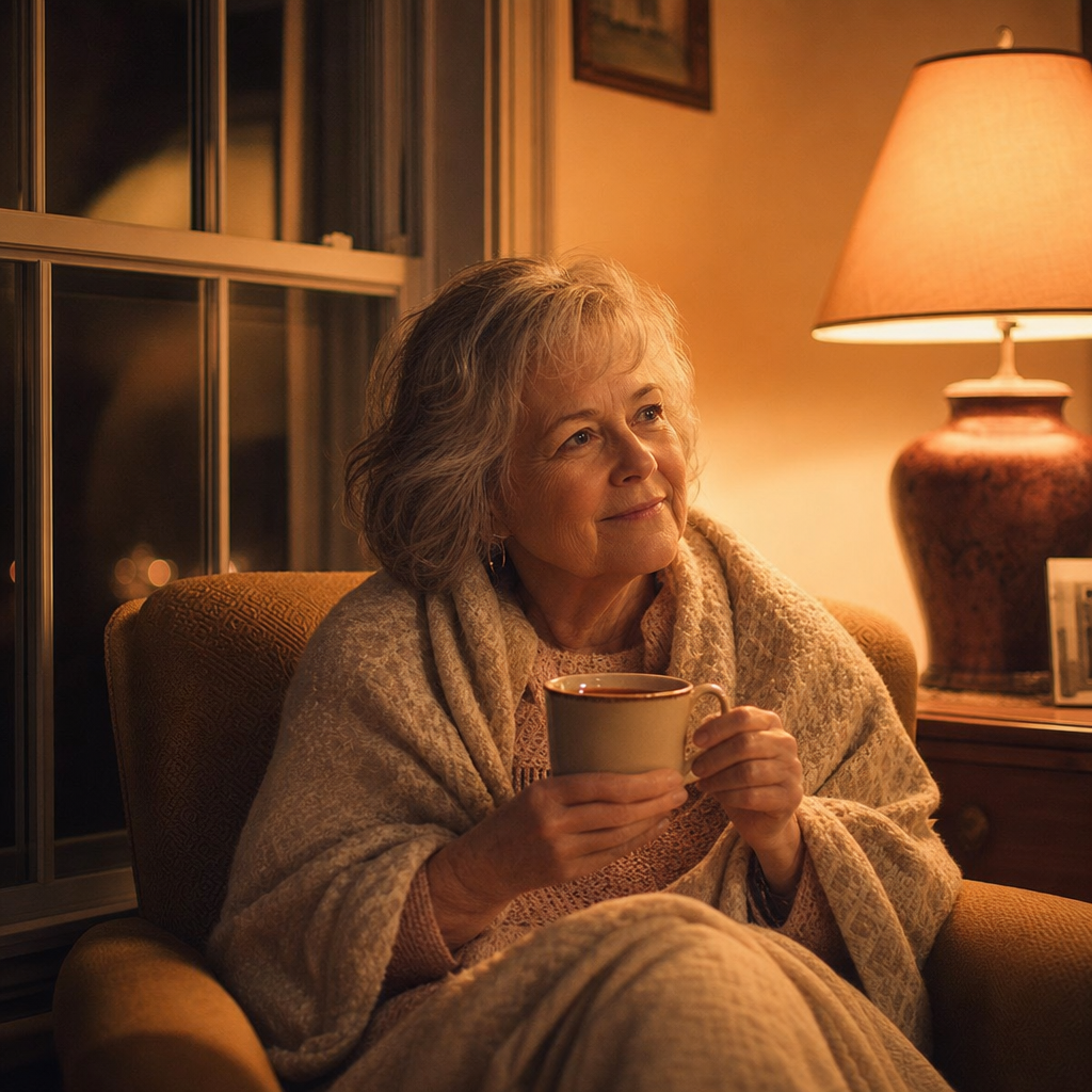 how to cope with loneliness at night — a woman wrapped in a blanket by a window with a warm mug in the quiet of late evening