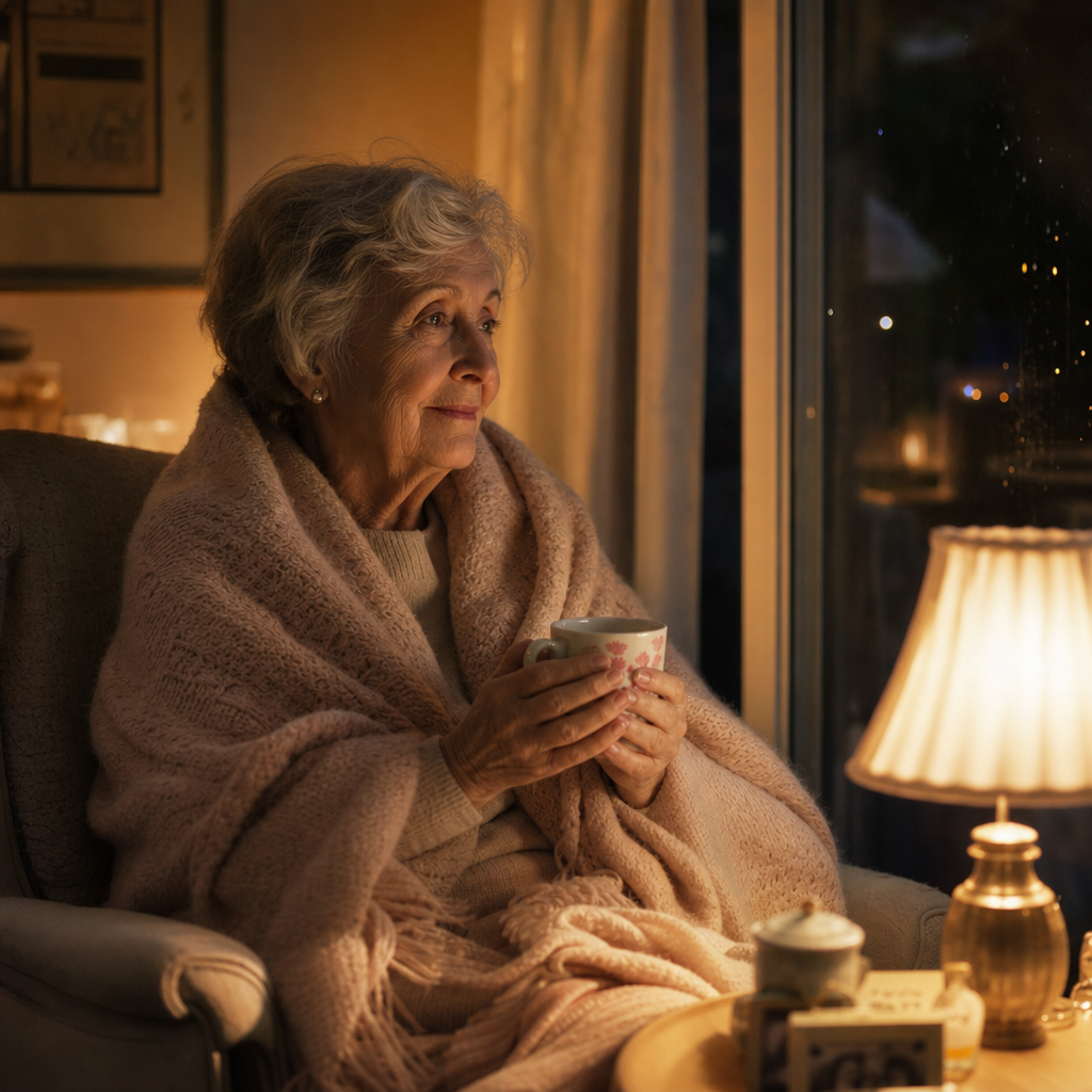 Loneliness and sleep - an older woman wrapped in a blanket, awake late at night by a lamp-lit window with a warm mug