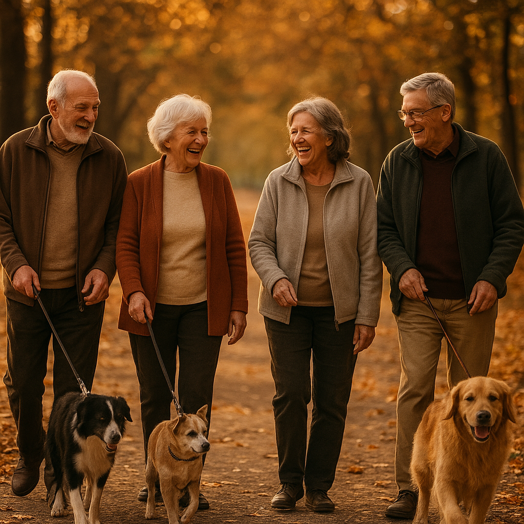 hobbies for lonely adults — group of seniors walking dogs together on a tree-lined park path