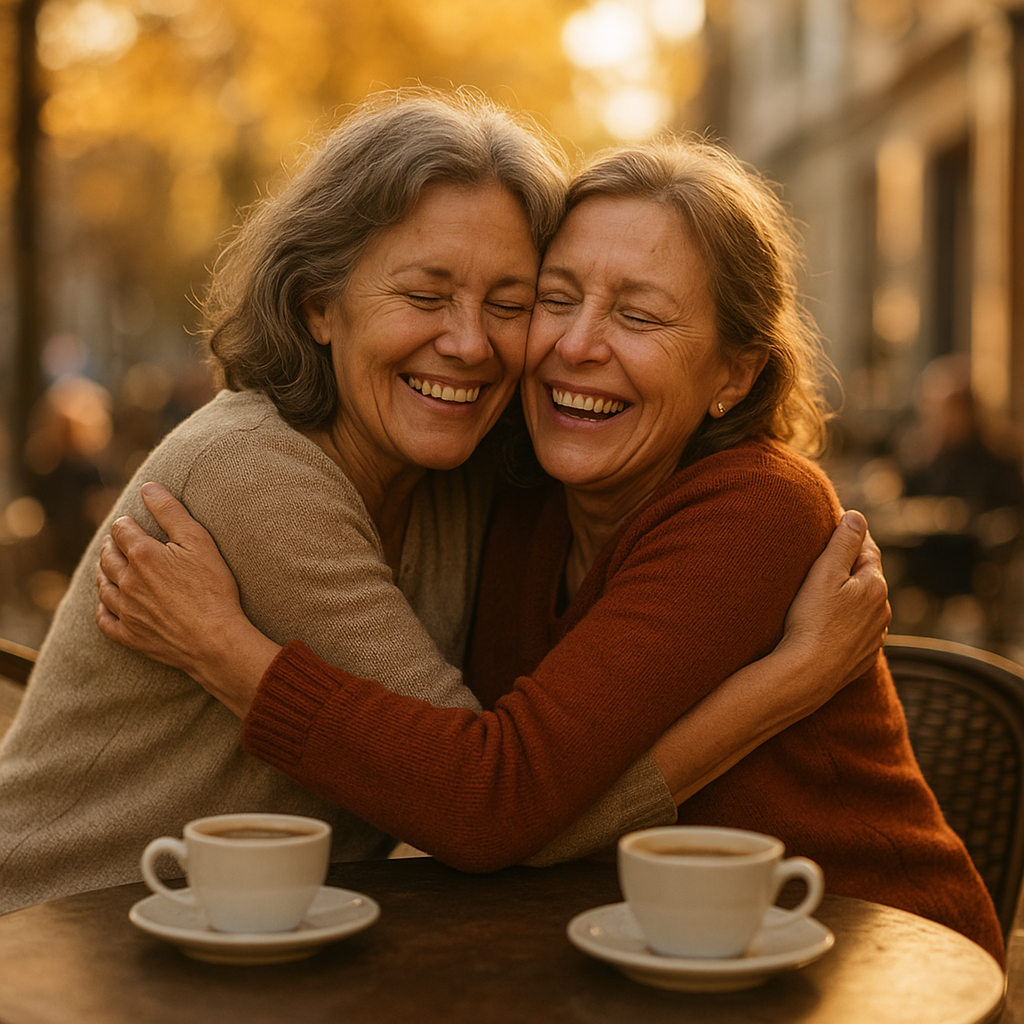 how to reconnect with old friends — two old friends hugging at a café table after years apart