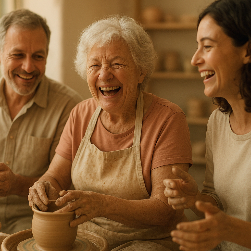 hobbies for lonely adults — a woman laughing with friends in a community pottery class
