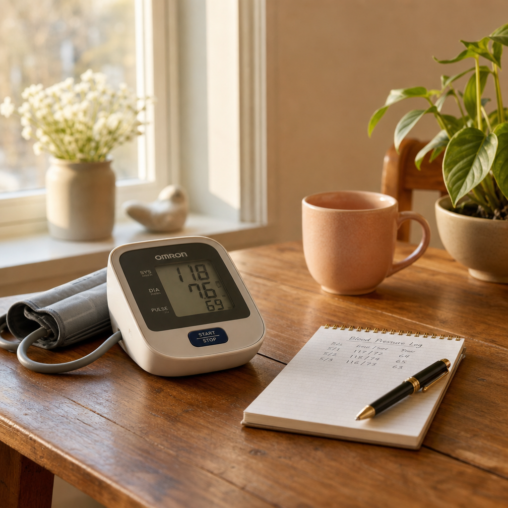physical effects of loneliness — a home blood pressure monitor on a kitchen table showing how isolation affects heart health