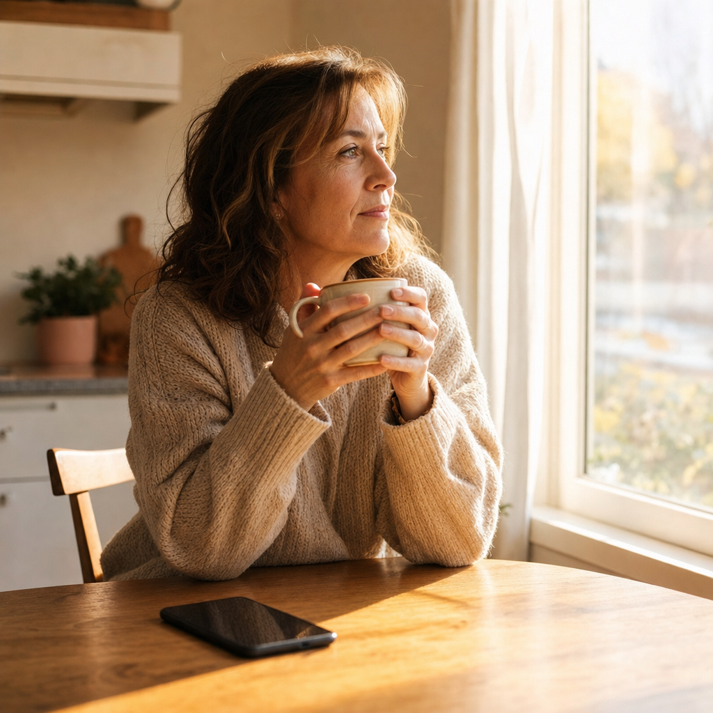 empty nest loneliness — a mother at her kitchen table with a mug and a phone nearby, deciding to reach out
