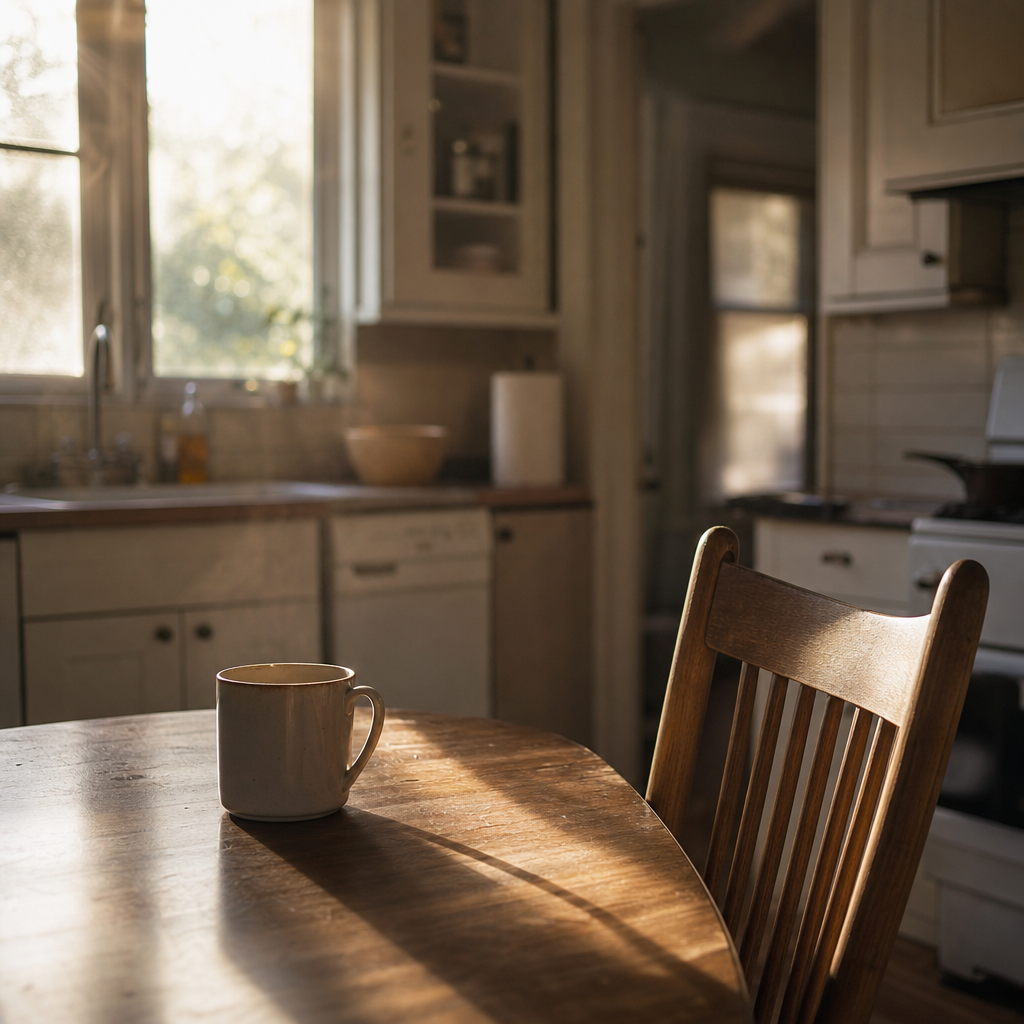 loneliness after divorce — a single coffee mug and one empty chair at a quiet kitchen table in morning light