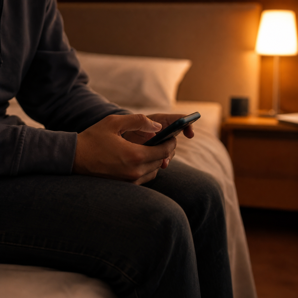 loneliness after divorce — a person sitting on the edge of a bed at night holding a phone, deciding whether to call someone