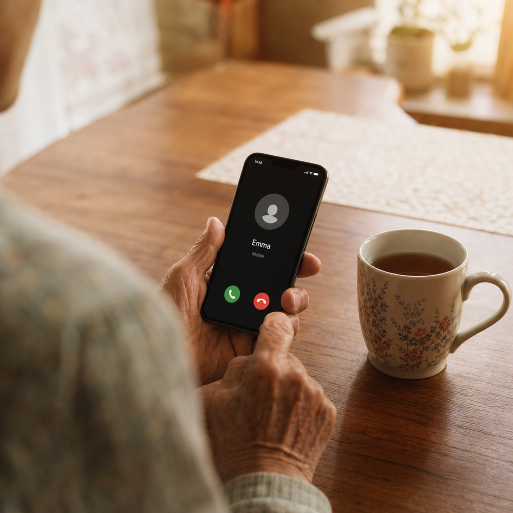 loneliness and memory loss — older hands holding a phone at a kitchen table, reaching out to talk to someone