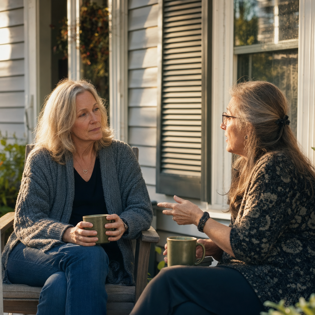 what to say to a lonely friend — two friends talking on a front porch over coffee, one listening closely