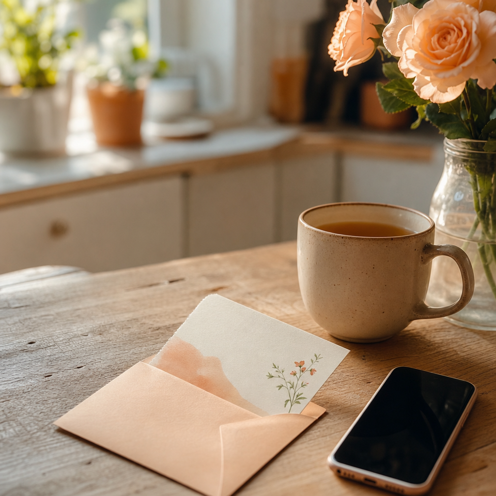 what to say to a lonely friend — a handwritten note and phone on a kitchen table, a small check-in ready to send