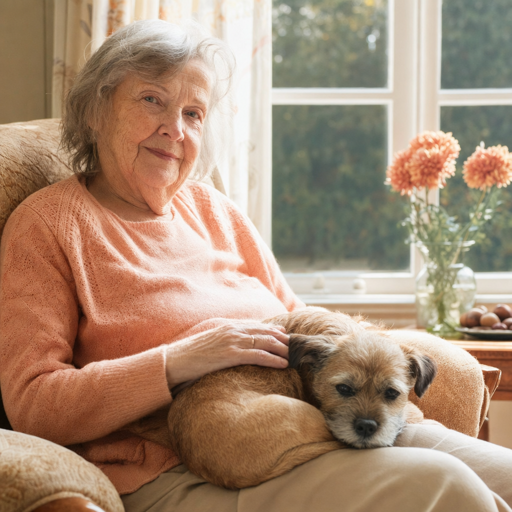 do pets help with loneliness — an older woman smiling softly with a small dog curled in her lap by a sunny window