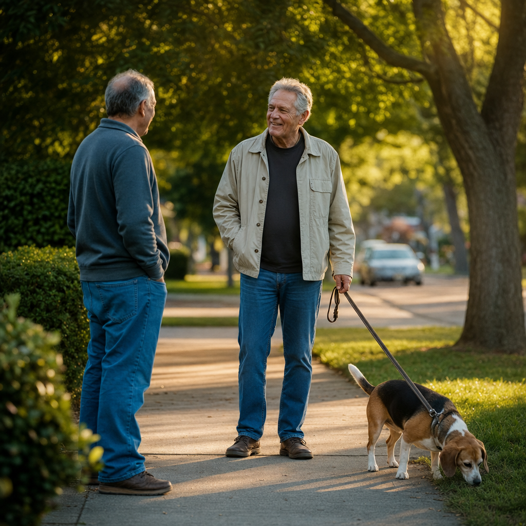 do pets help with loneliness — a gray-haired man chatting with a neighbor while walking his beagle at golden hour