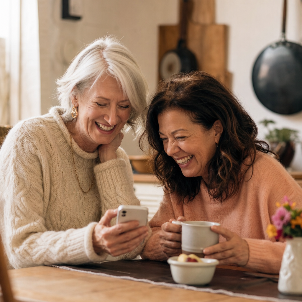 how to live alone without being lonely — two older friends laughing together over coffee at a kitchen table