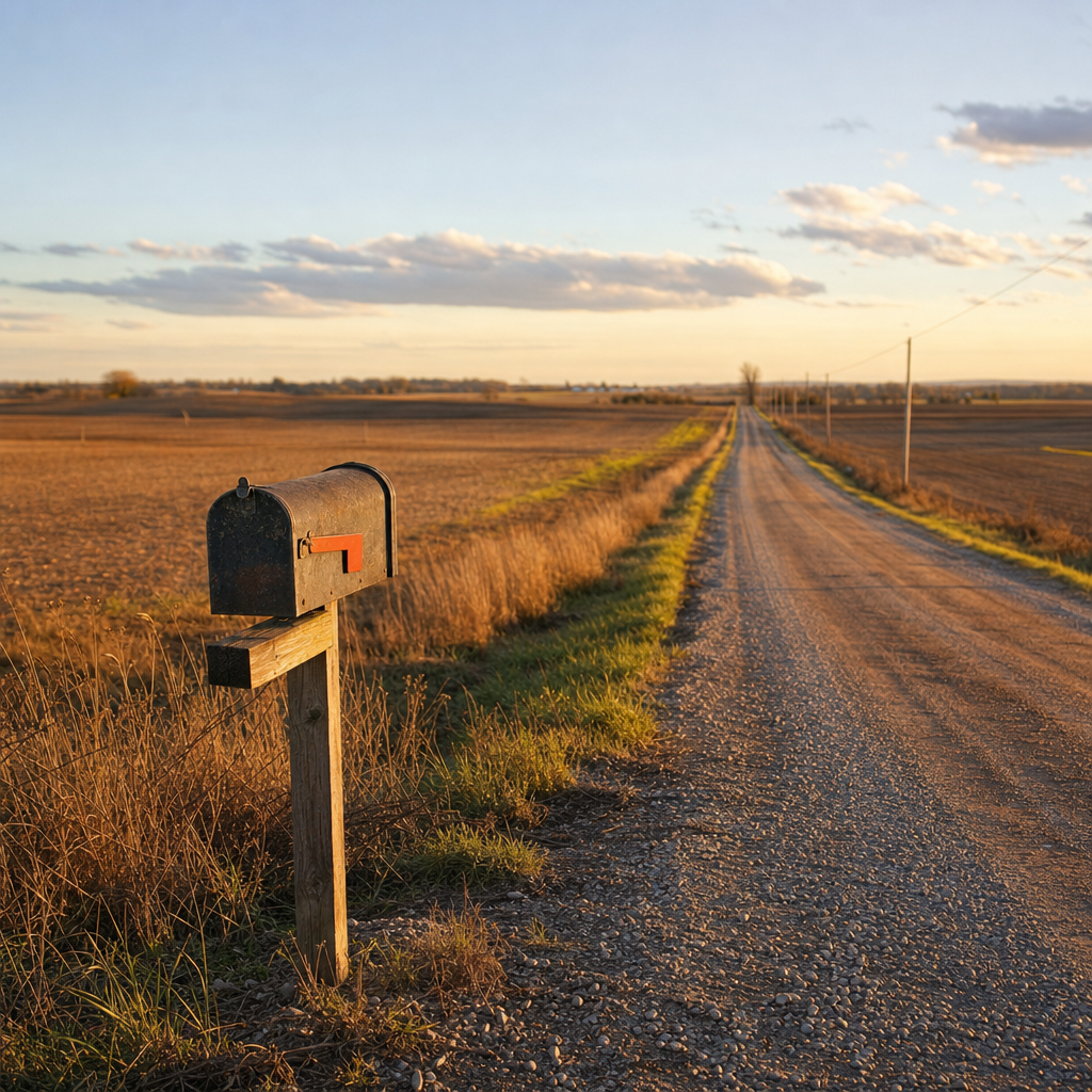 loneliness in rural areas — a long empty country road and a single mailbox at the edge of a remote farm