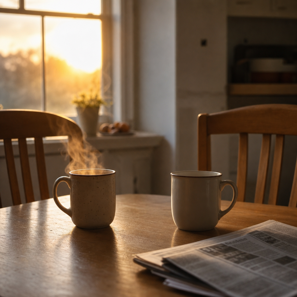 lonely in a relationship — two coffee mugs on a kitchen table at dawn, one untouched, in soft golden light