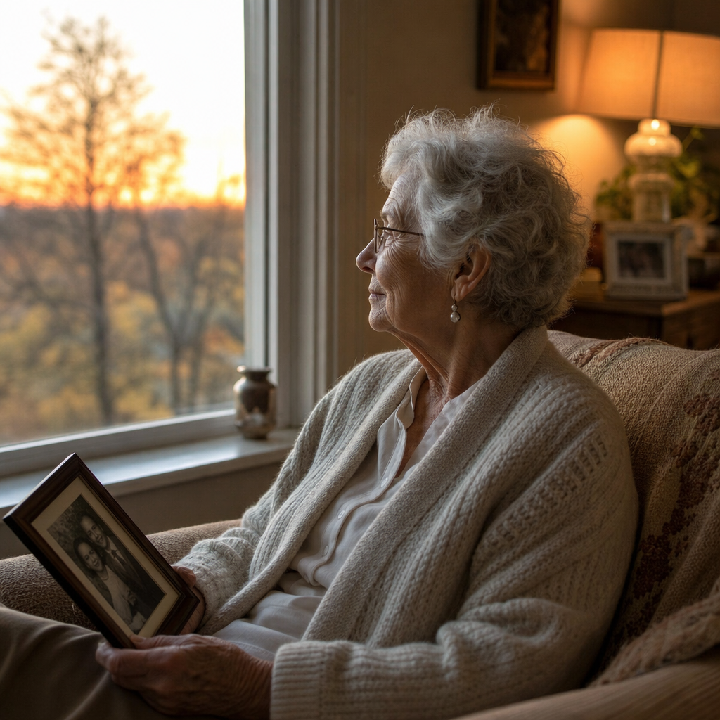 loneliness after losing a spouse — an older woman by a window at dusk holding a framed photograph