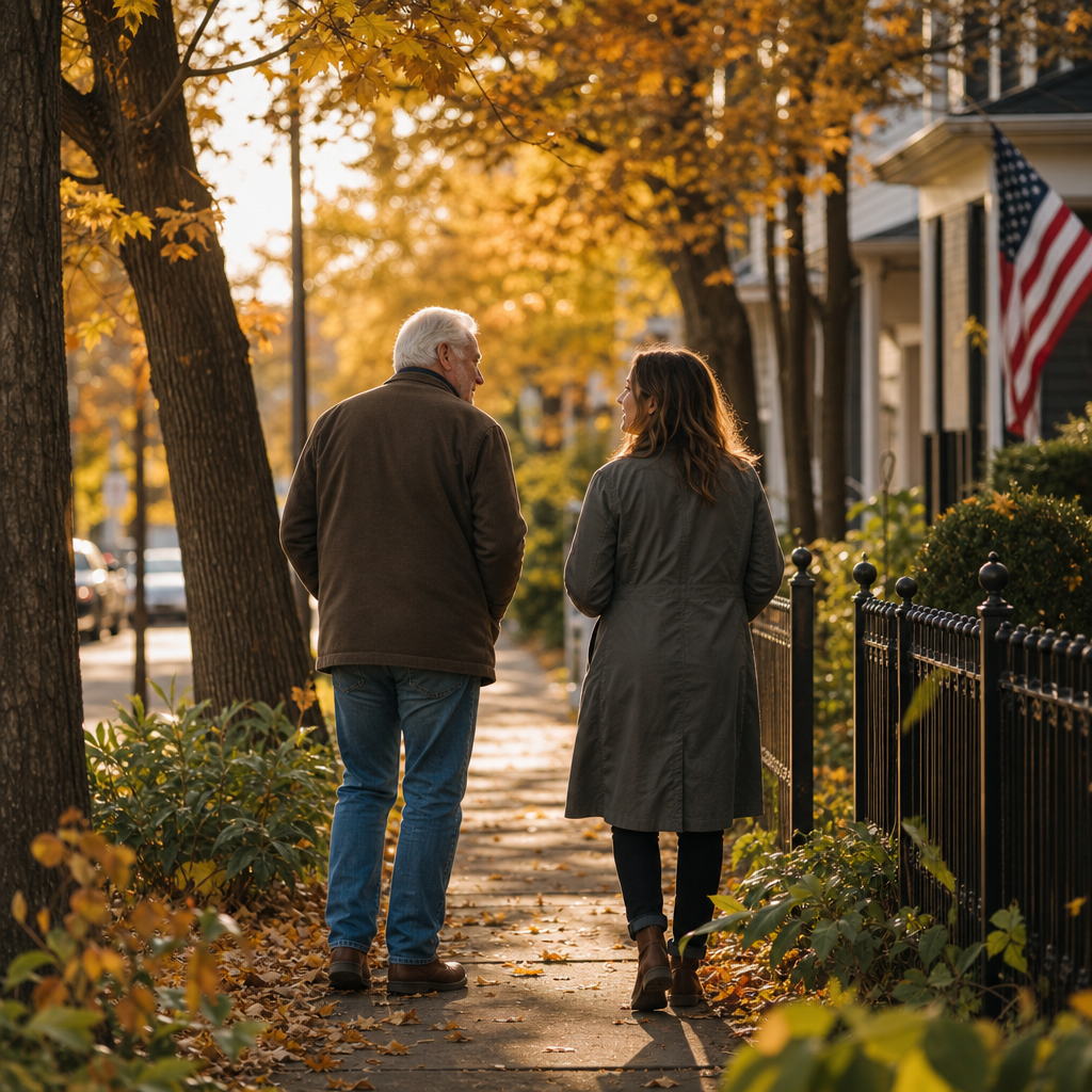 loneliness after losing a spouse — an older man walking and talking with his adult daughter in autumn light