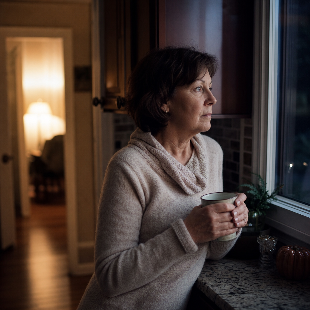 caregiver loneliness — a tired caregiver stands alone at her kitchen counter in the evening while the person she cares for sleeps down the hall