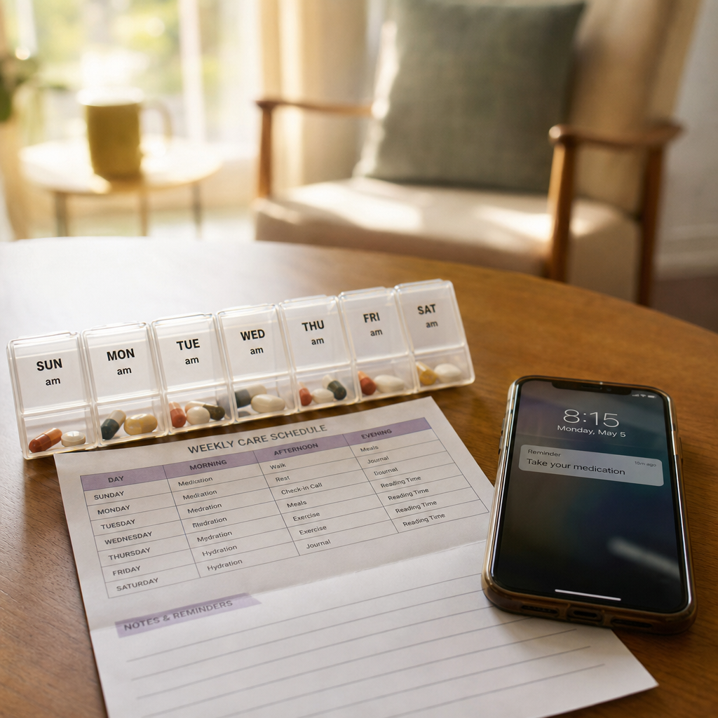 caregiver loneliness — a pill organizer, care schedule, and phone on a caregiver's table in morning light