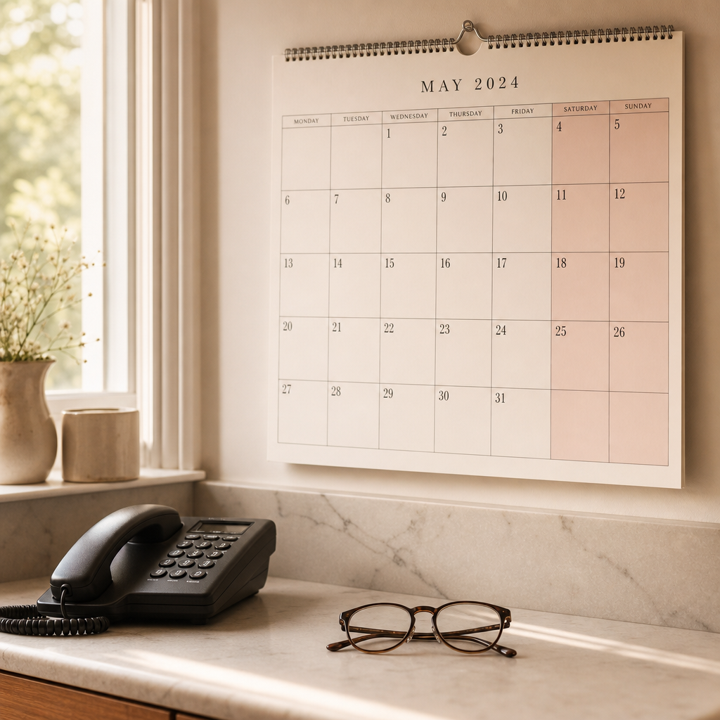 lonely on weekends — a kitchen wall calendar with an empty Saturday, reading glasses and a phone resting nearby