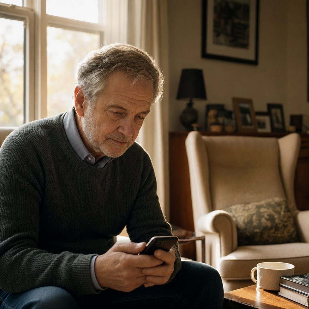 How to help an elderly parent who is lonely — an older man by a window holding a phone in soft afternoon light