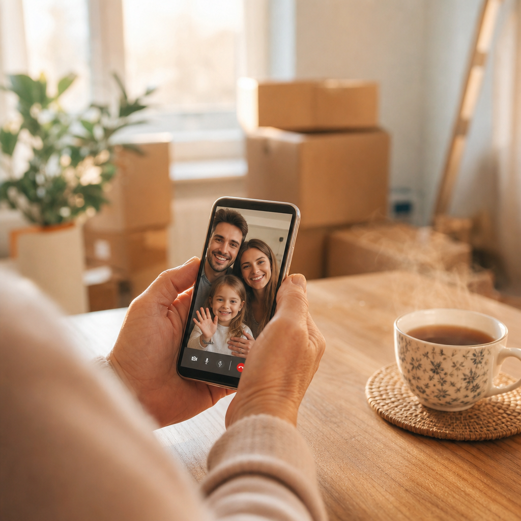 loneliness after moving — hands holding a phone on a video call to old friends from a new kitchen