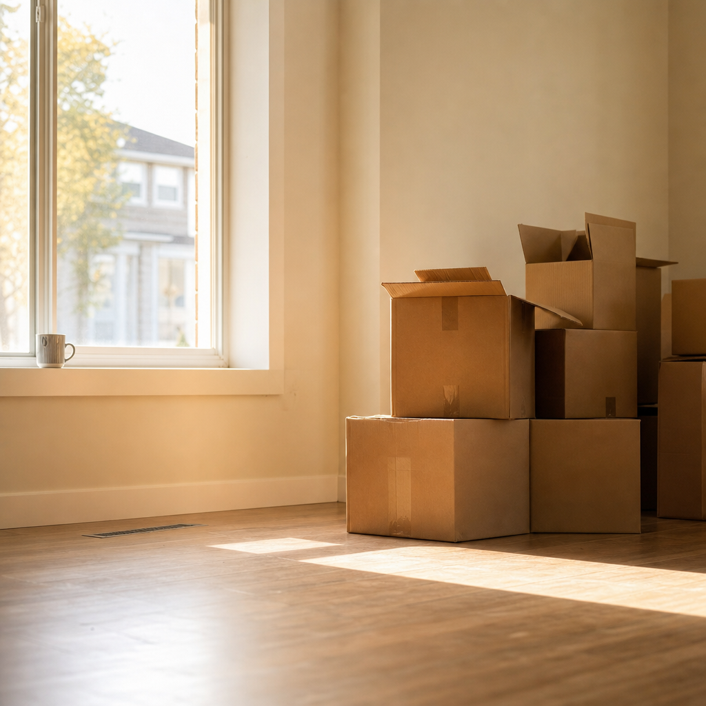 loneliness after moving — unpacked cardboard moving boxes by the window of a quiet new home