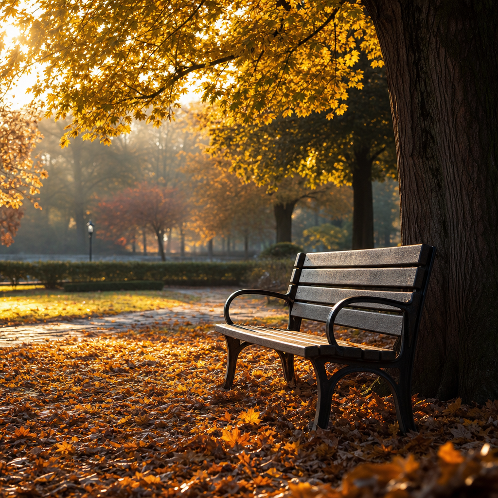 types of loneliness — an empty park bench under a tree with golden autumn leaves on the ground