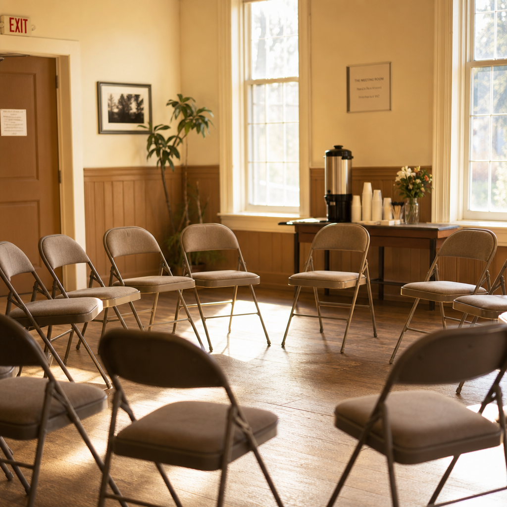 loneliness support groups — a circle of chairs set up in a warm community room before a meeting