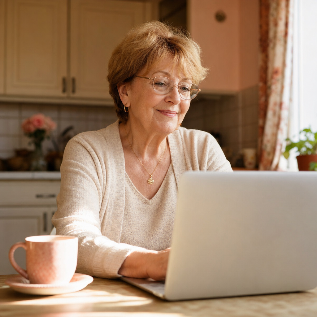 loneliness support groups — an older woman joining an online support group from her kitchen table