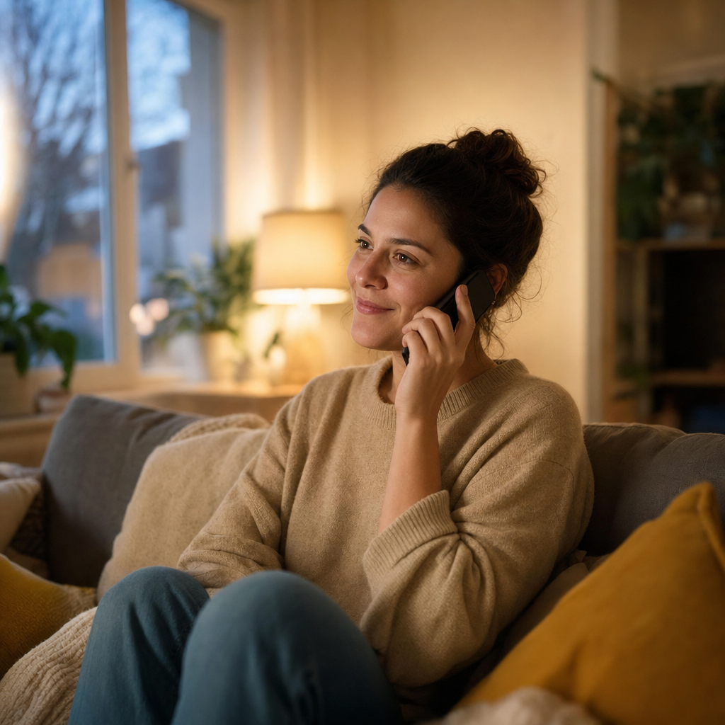 someone to talk to when lonely — a person on a sofa in a softly lit living room holding a phone to their ear