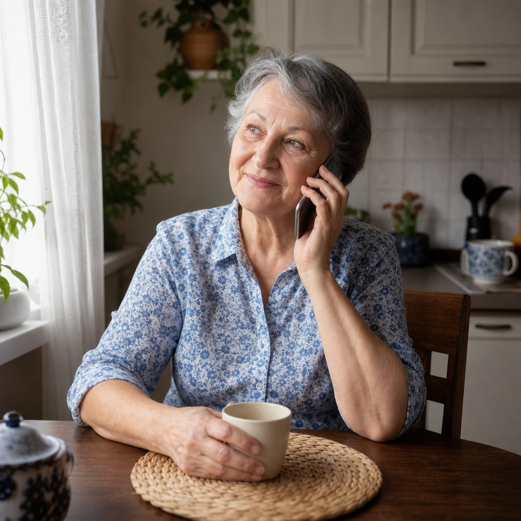 someone to talk to when lonely — an older woman smiling gently during a warm phone conversation at her kitchen table