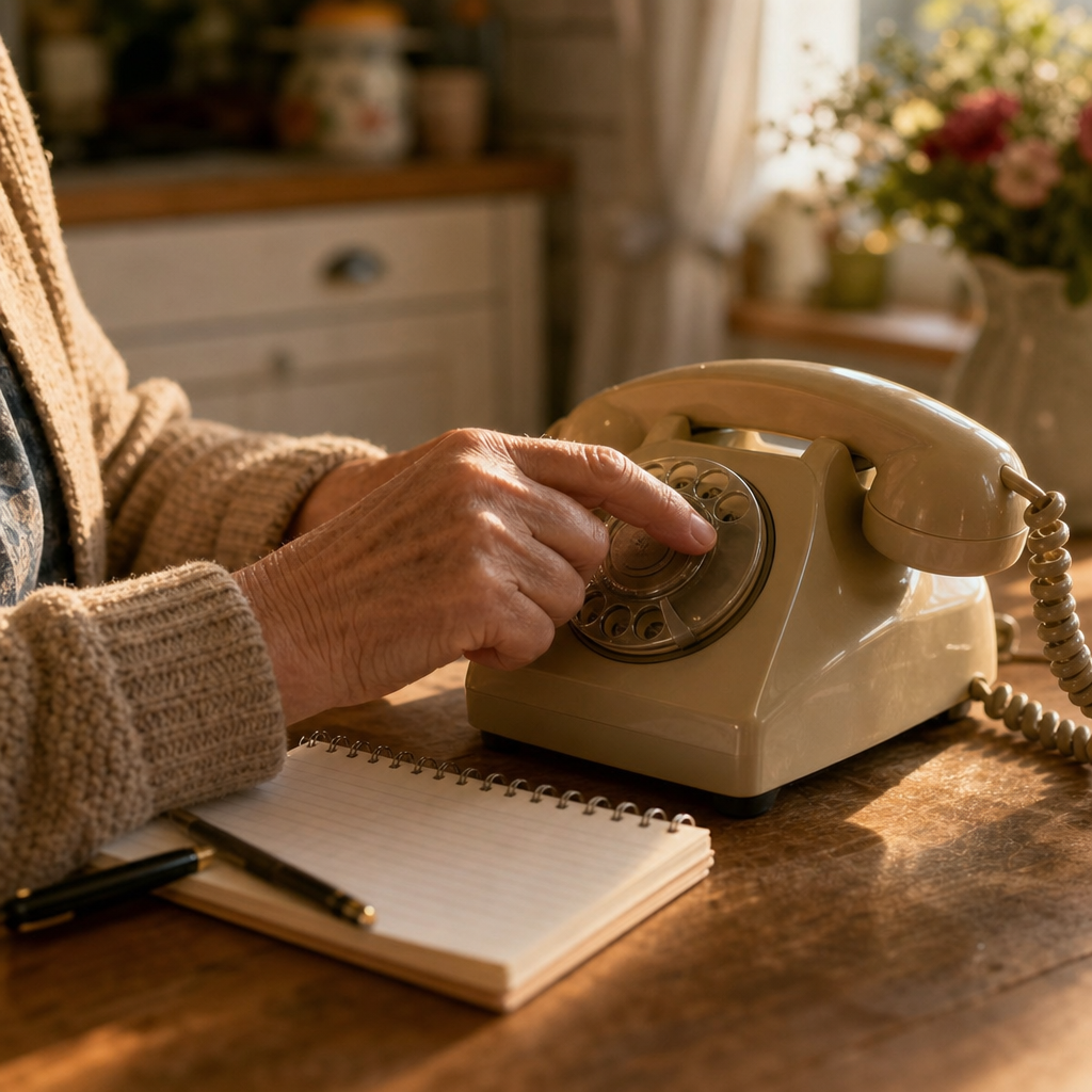 is there a hotline for loneliness — a person dialing a free phone line at a kitchen table in warm afternoon light