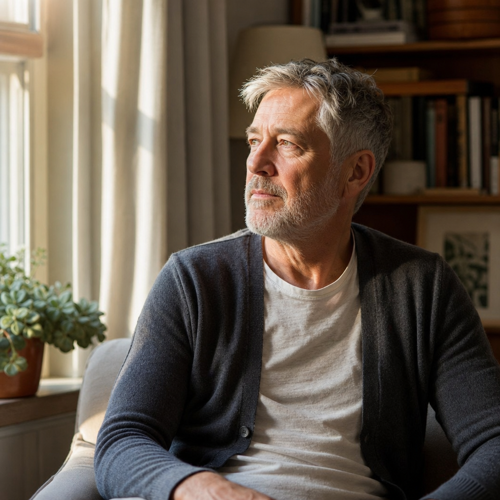 why am i so lonely — an older man sitting quietly by a window in soft morning light, looking thoughtful