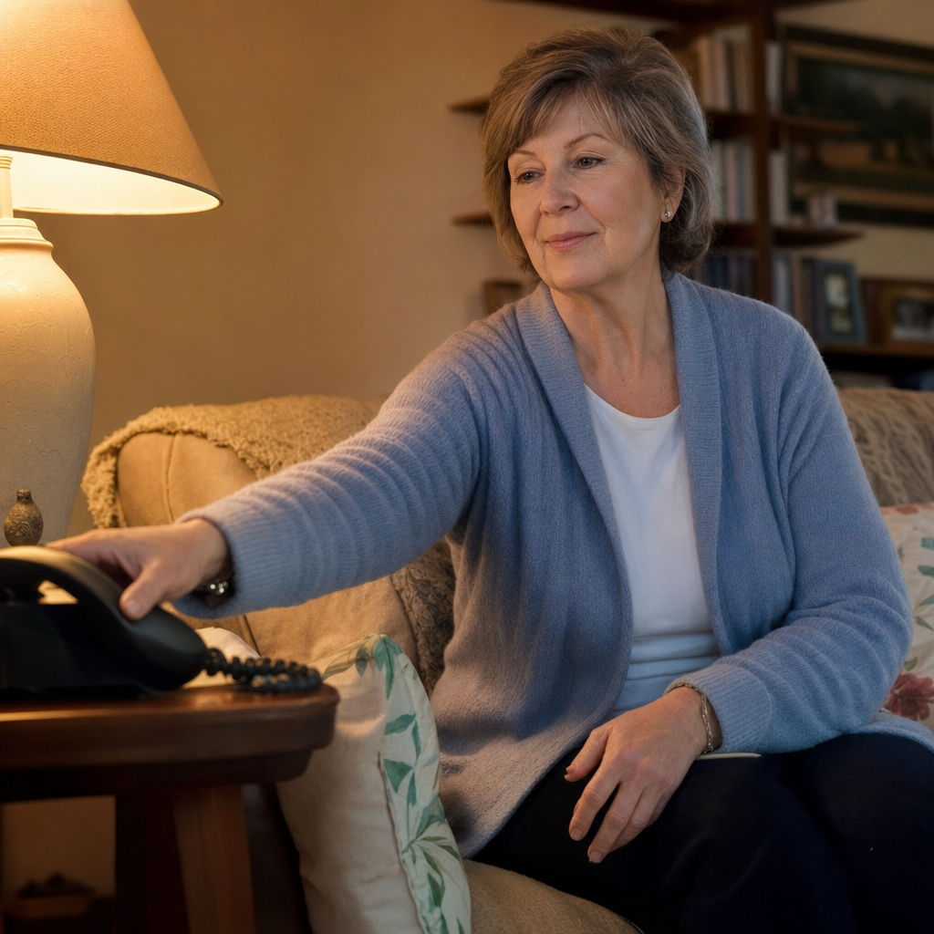 why am i so lonely — a woman reaching for the phone to call a free companion line from her living room