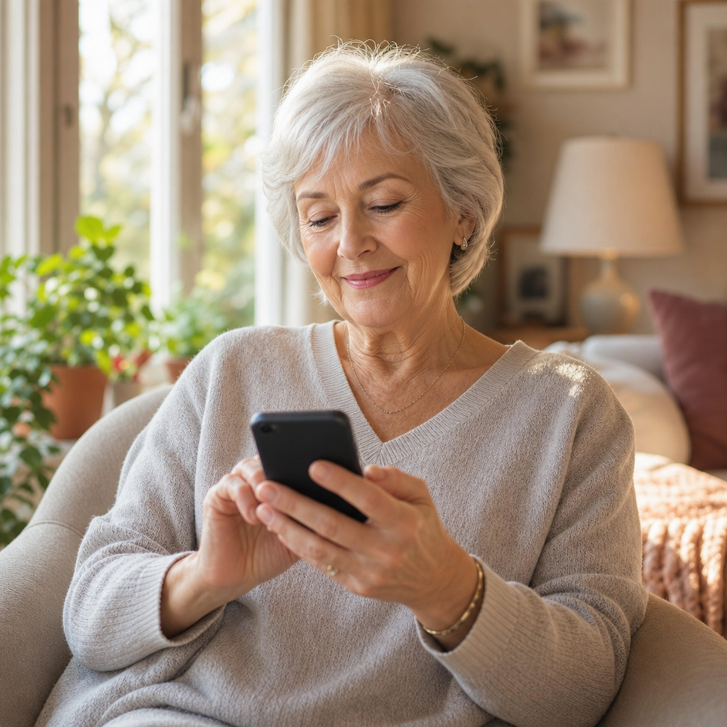 how to reach out when lonely — an older woman smiling as she sends a first message from a sunlit living room