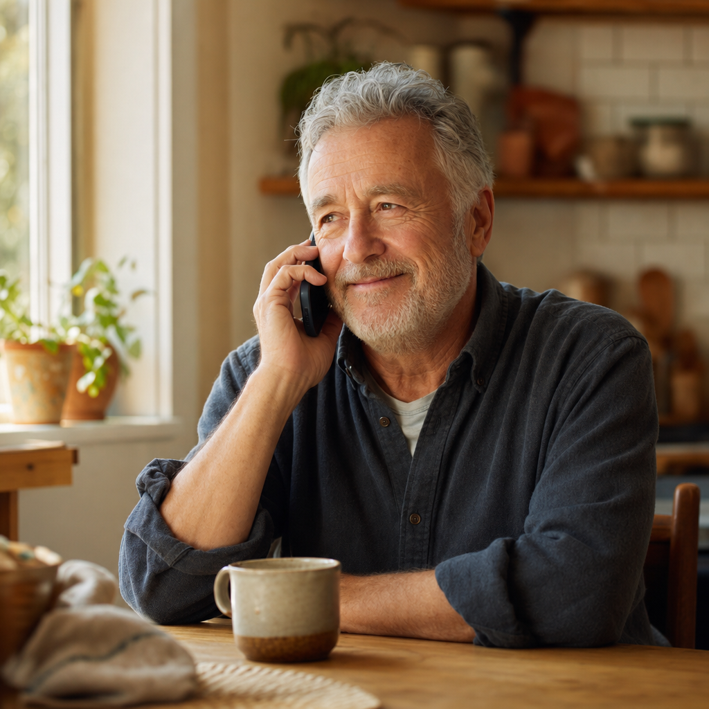 how to reach out when lonely — a man relaxing as he talks on a free companion phone line at his kitchen table