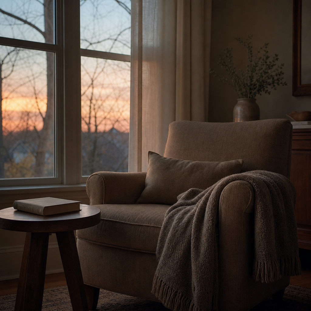 signs of loneliness — a quiet empty armchair beside a window in a softly lit living room at dusk