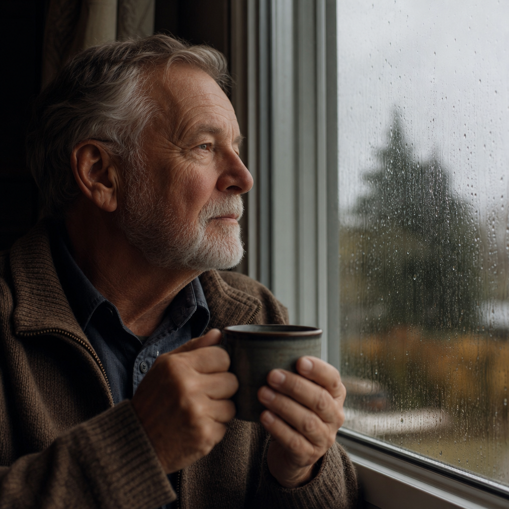 signs of loneliness — an older man sitting quietly by a rain-streaked window with a mug, lost in thought