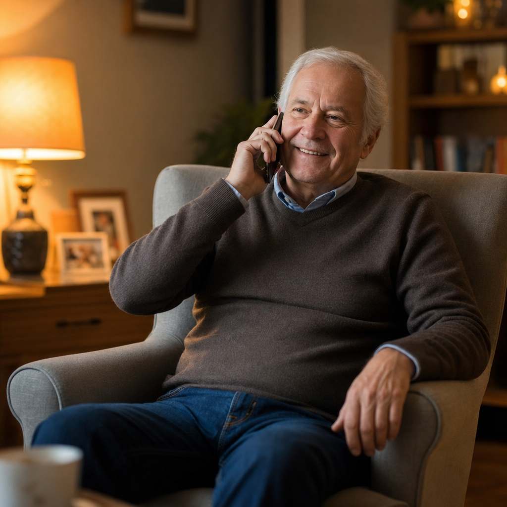 is it normal to feel lonely — a man smiling gently while talking to someone on the phone from his armchair